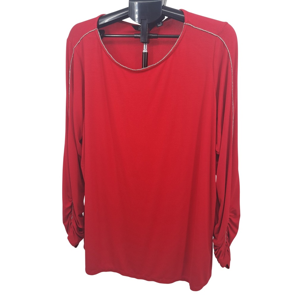 Dennis by Dennis Basso Red Long Sleeve Beaded Shoulder Top 2X Holiday Party Chic